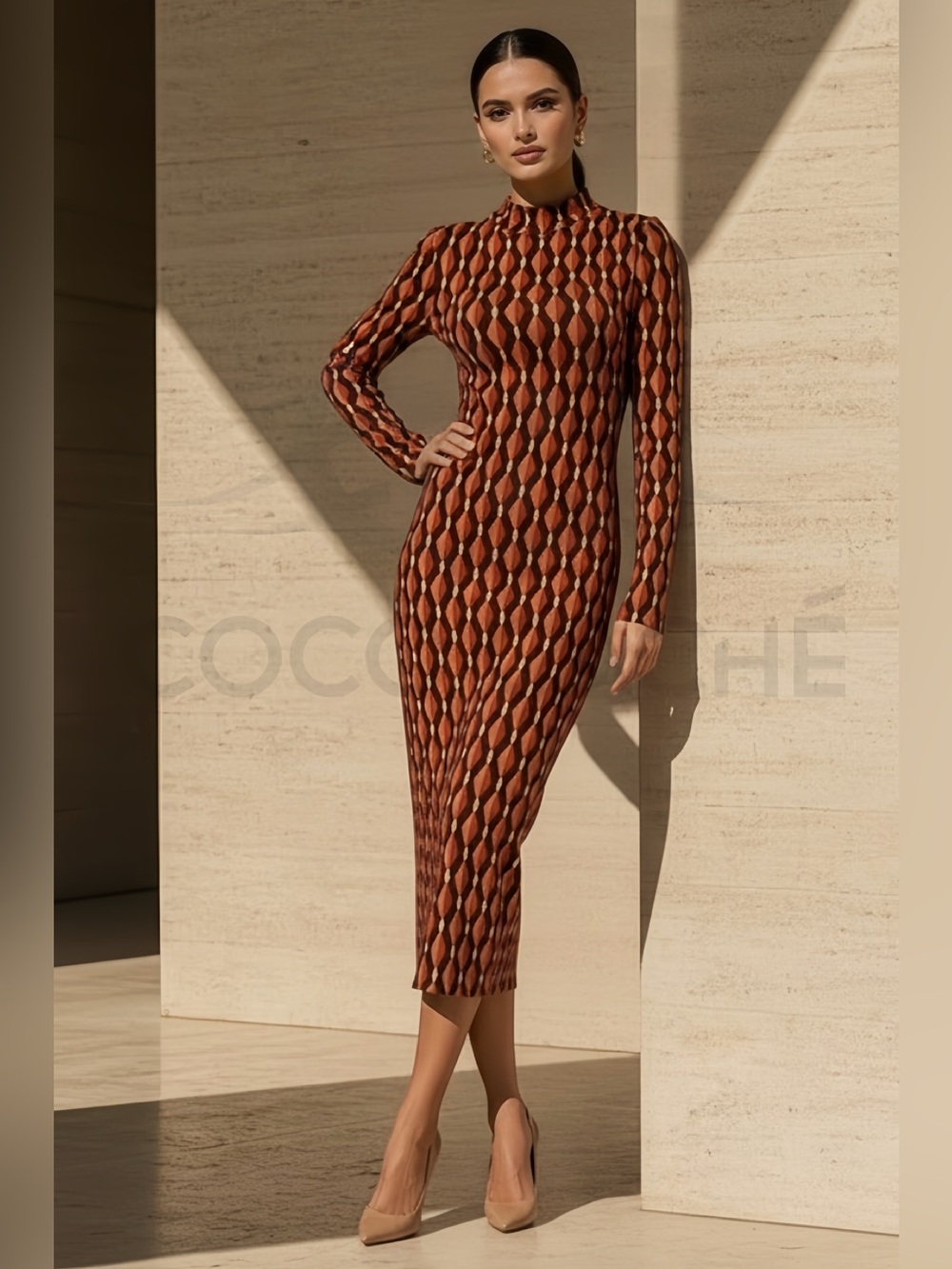 Geometric Long Sleeve Midi Dress
